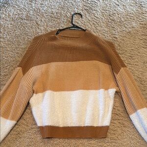 Brown and Cream Cowl Neck Sweater with Ribbed Texture